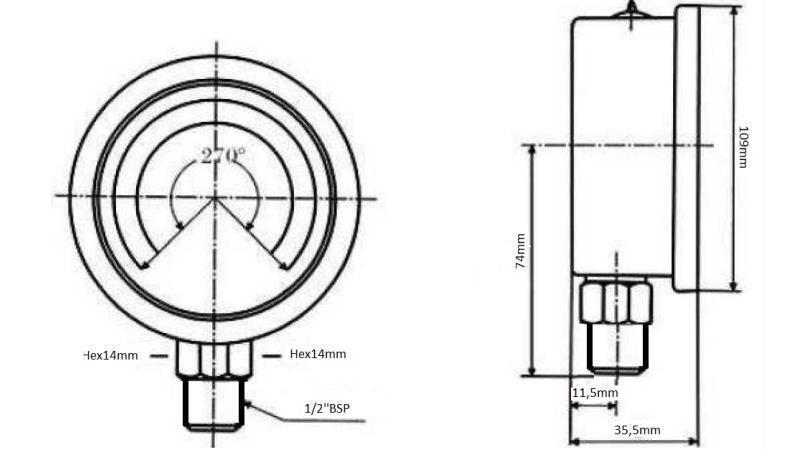 MANOMETER DN100 VERTICAL 0 - 25 BAR - 1/2-dinmenzije