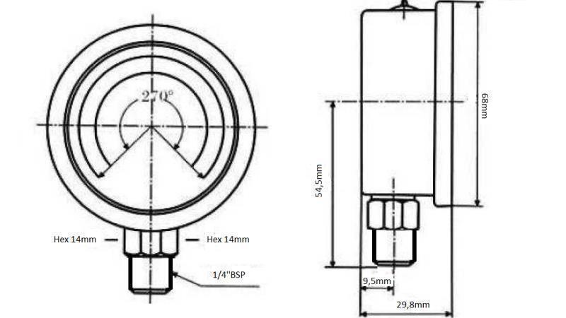 MANOMETER DN63 VERTICAL 0 - 25 BAR - 1/4-dimenzije